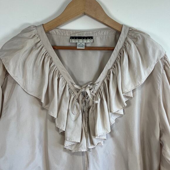 Vintage New York Studio 100% Silk Ruffle Blouse Beige Size M Coquette Prairie - Picture 2 of 12